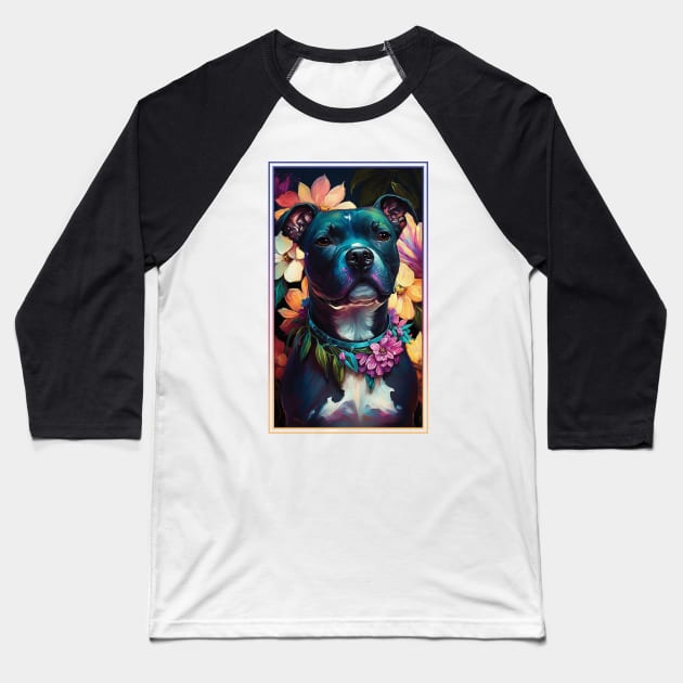 American Staffordshire Terrier Pitbull Vibrant Tropical Flower Tall Digital Oil Painting Portrait  3 Baseball T-Shirt by ArtHouseFlunky